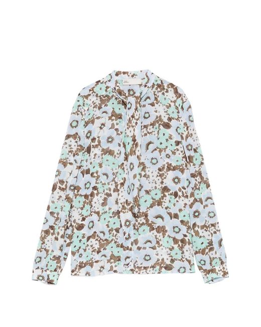 Tory Burch White Floral-Print Pussy-Bow Blouse