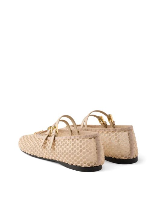Prada Natural Triangle-Logo Mesh Ballet Flats