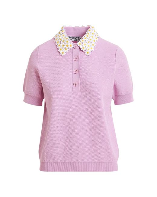 Essentiel Antwerp Pink Floral-Embellished Fine-Knit Polo Top