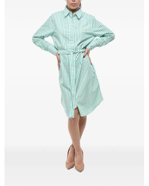 Ines De La Fressange Paris Green Awning-Striped Belted Shirt Dress