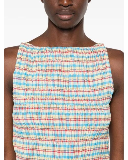 Faithfull The Brand Blue Gala Smocked Checkered Mini Dress