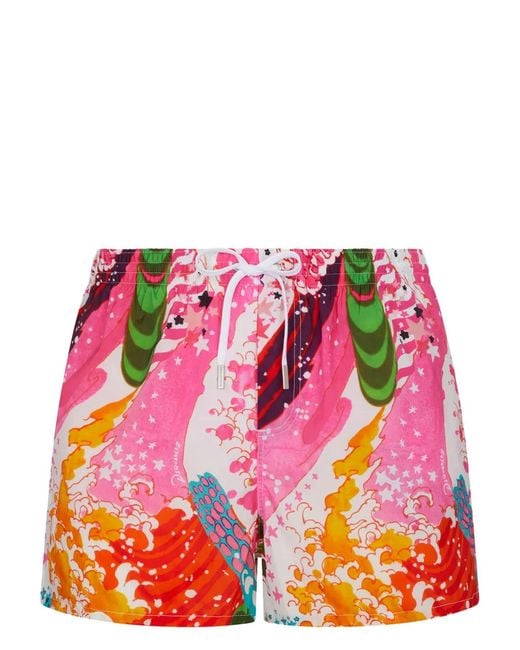 DSquared² Red Abstract-Print Swim Shorts for men