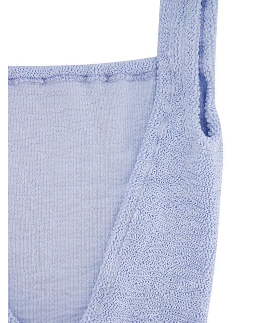 Hunza G Blue Square Neck Crinkle-Effect Swimsuit