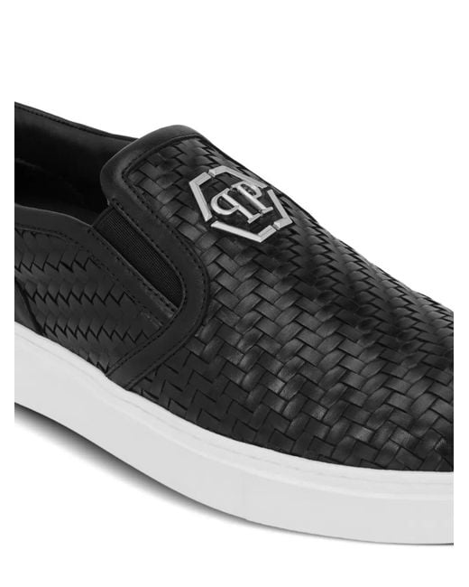 Philipp Plein Black Weaved-Leather Slip-On Shoes Hexagon for men