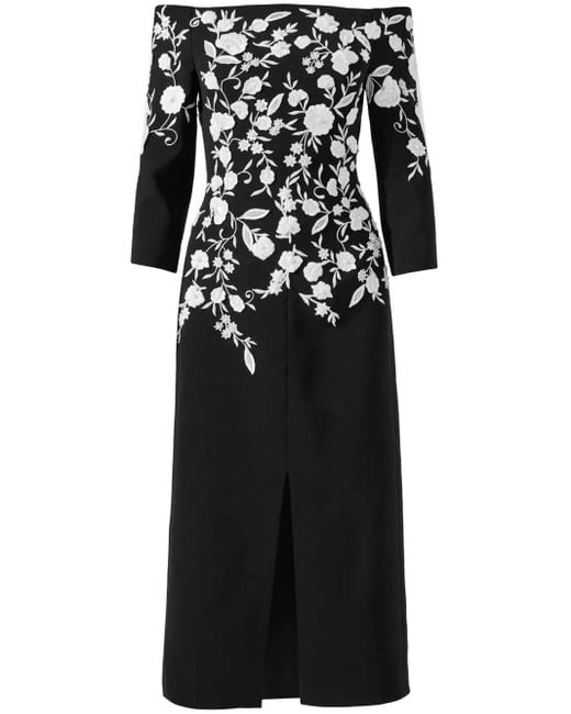 Carolina Herrera Black Floral-Embroidered Midi Dress