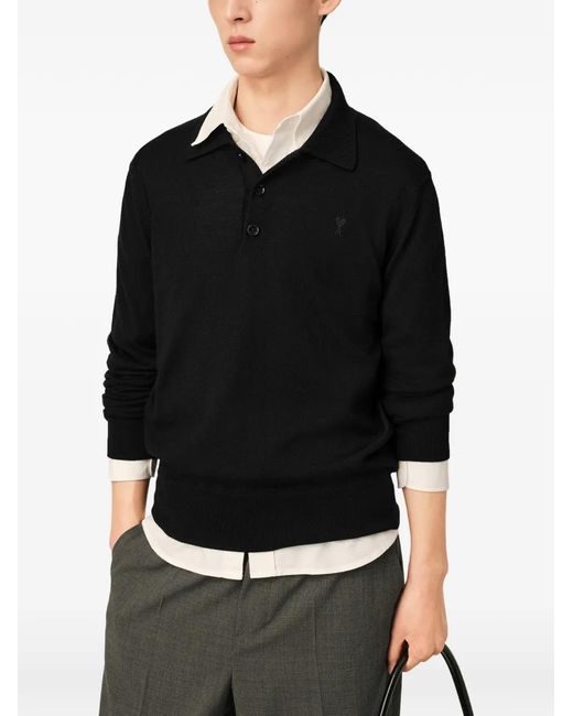 AMI Black Wool Polo With Ami De Coeur for men