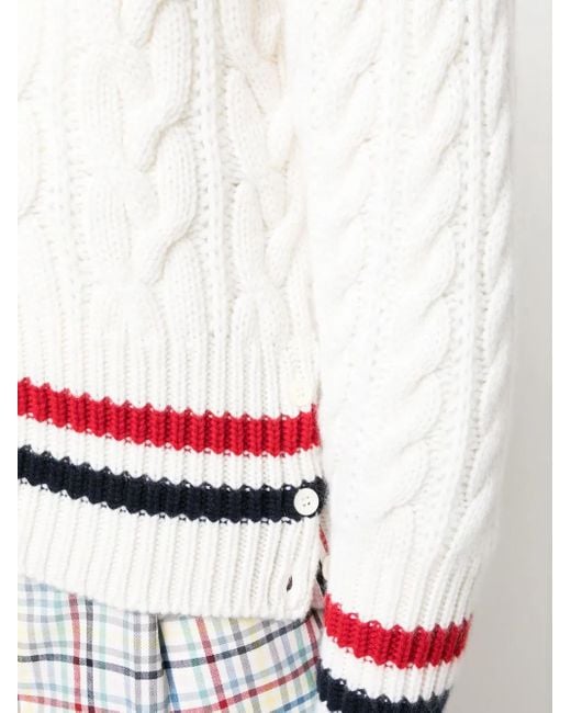 Thom Browne White Rwb Cable-Knit V-Neck Cardigan for men
