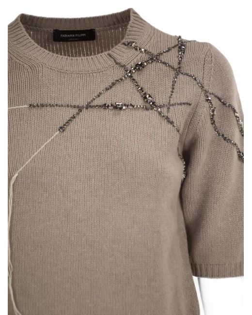 Fabiana Filippi Gray Rhinestone-Embellished Embroidered Sweater