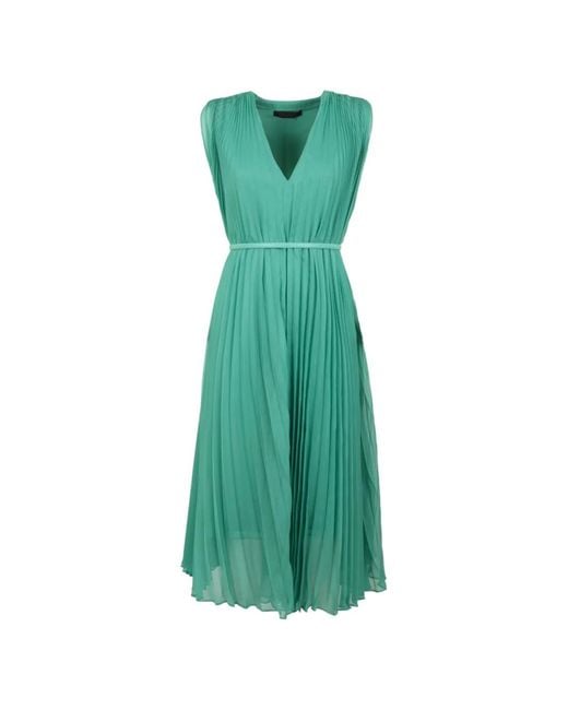 Max Mara Green Midi Pleated Belted Dress