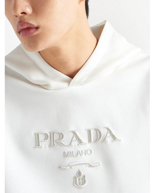 Prada White Logo-embroidered Drawstring Hoodie for men