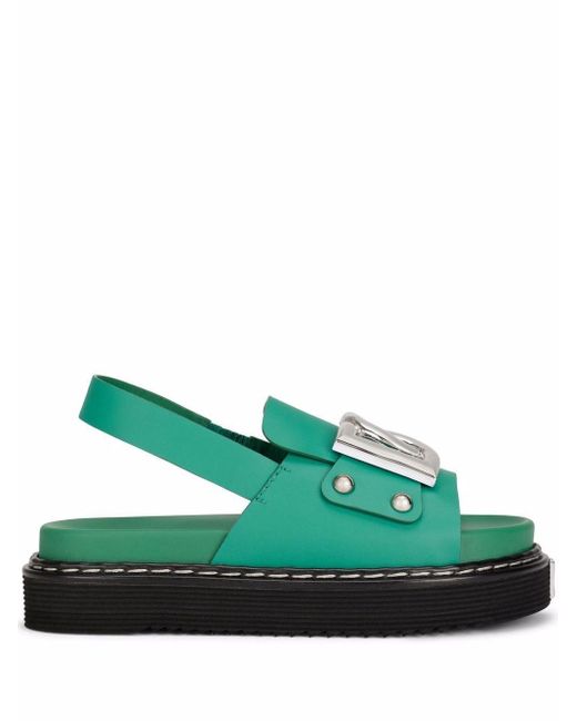 Dolce & Gabbana Green Logo-plaque Leather Slingback Sandals
