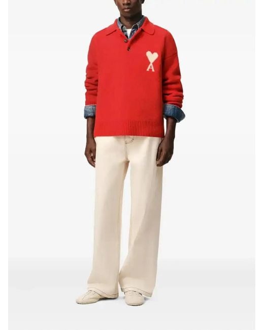 AMI Red Holiday Capsule Intarsia Polo Sweater