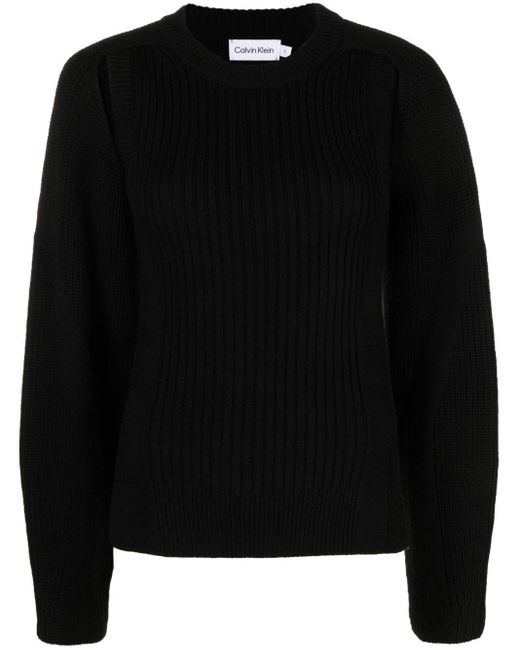 Calvin Klein Cut-out Ribbed Wool Jumper in het Black