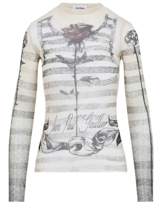Jean Paul Gaultier Gray Printed Stretch Tulle Top With Crew Neck