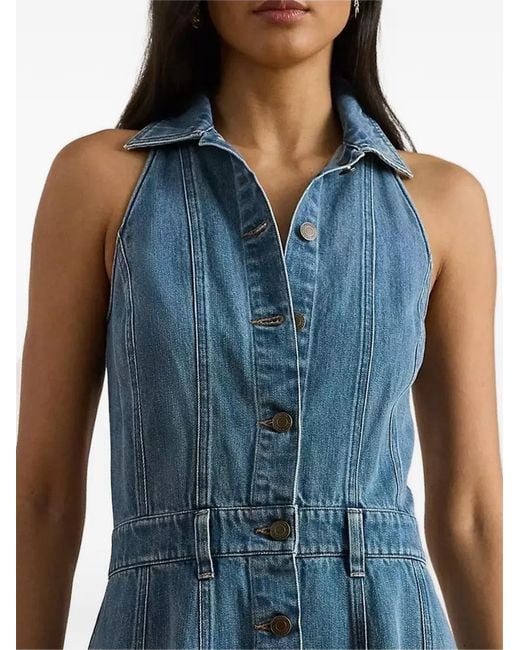 Ralph Lauren Blue Panelled Denim Sleeveless Midi Shirt Dress