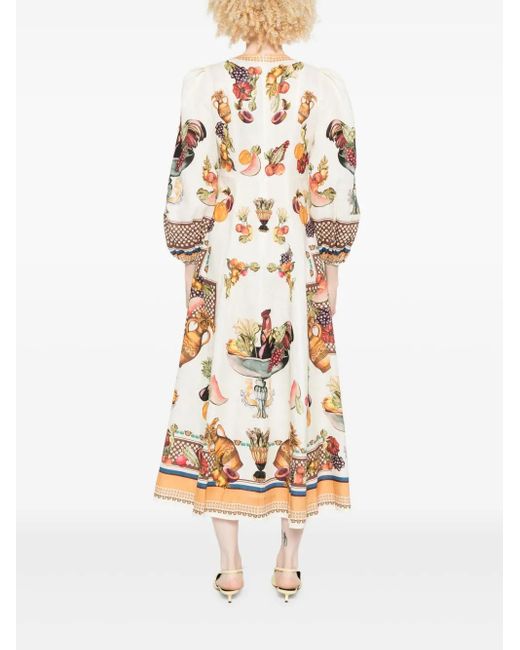 ALÉMAIS White Mercado Fruit-Print Puff-Sleeve Midi Dress