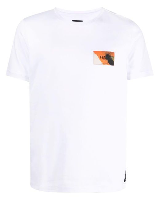 Fendi White Logo-patch Cotton T-shirt for men