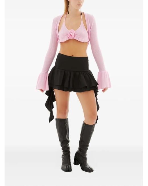 Blumarine Pink Rose-Embellished Ribbed Cardigan