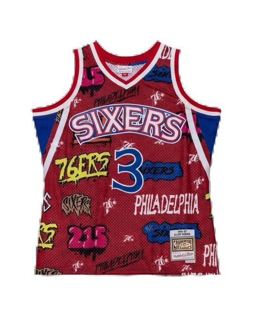 Mitchell & Ness Red 1996 Philadelphia 76Ers Allen Iverson Slap Sticker Swingman Basketball Jersey for men