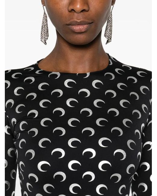 MARINE SERRE Black Moon Foil Printed Jersey Ls Crewneck Top