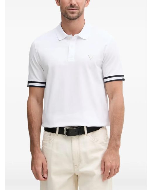 Guess White Lyle Logo-Patch Striped-Trim Polo Shirt for men