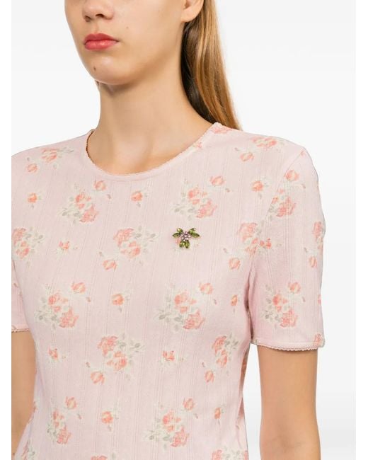 Simone Rocha Pink Floral-Print Crystal-Embellished T-Shirt
