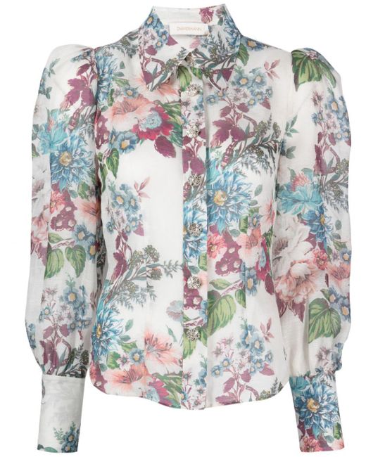 Floral-print puff-sleeve shirt di Zimmermann in Gray