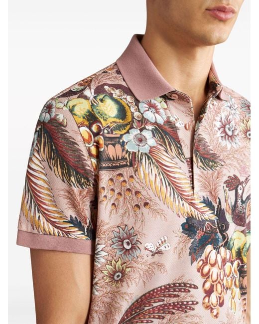 Etro Pink Floral-print Cotton Polo Shirt for men