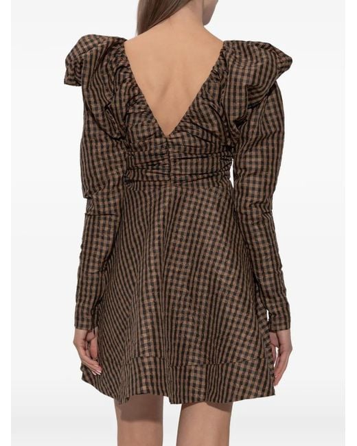 Ganni Brown V-Neck Checked Mini Dress