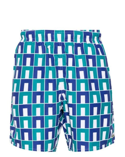 Lacoste Blue Monogram-print Drawstring Swim Shorts for men