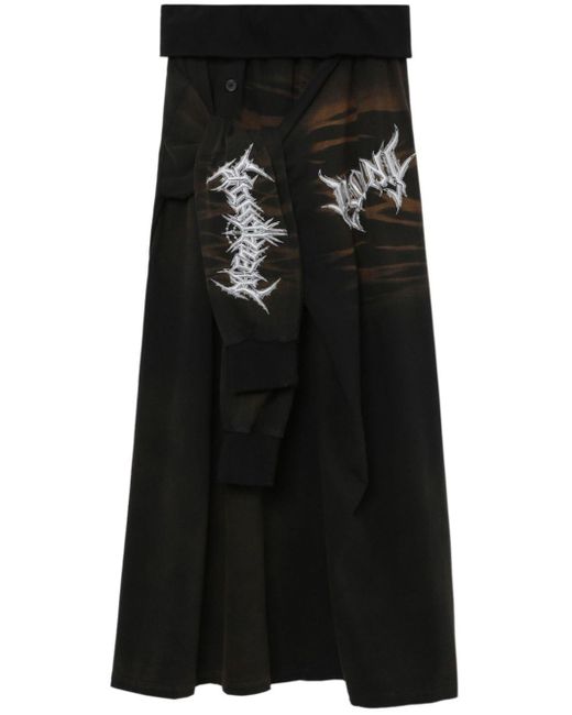 Juun.J Black Tie-detail Text-embroidered Midi Skirt