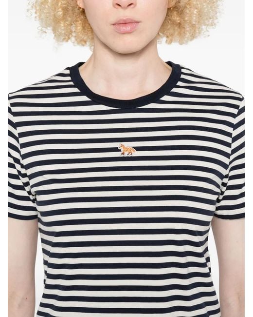 Maison Kitsuné Blue Baby Fox-Embroidered Striped Cropped Top