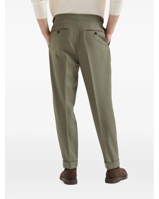 Brunello Cucinelli Green Virgin-Wool Diagonal Trousers With Reversed Double-Pleats And Waist-Tabs for men