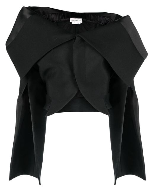 Alexander McQueen Black Foldover Off-shoulder Cropped Jacket - Women's - Wool/polyamide/silk