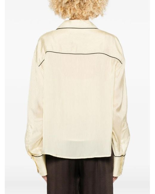 Plan C Natural Piped-Trim Striped Shirt Set