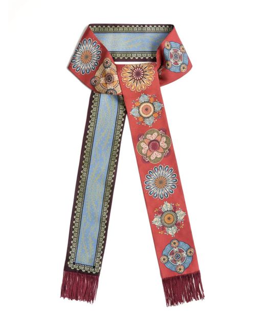 LaDoubleJ Red Floral-Pattern Fringed Scarf