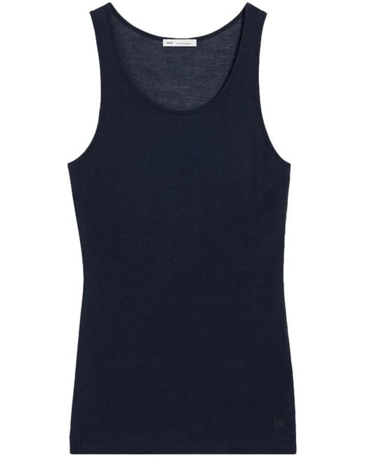 AMI Blue Logo-Embroidered Cotton-Blend Top