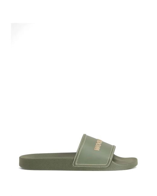 Woolrich Green Contrasting Stitching Logo Slide Sandals for men