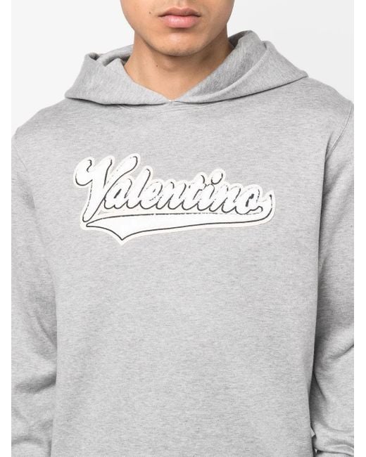 Valentino Garavani Gray Embroidered Logo Patch Hoodie for men