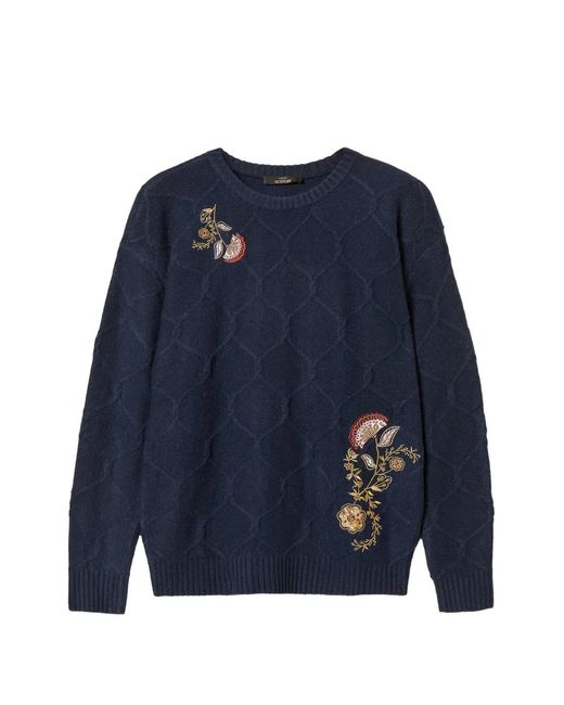 Twinset Blue Crew Neck Wool Jumper With Floral Embroidery