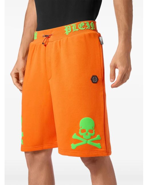 Philipp Plein Orange Skull&Bones Logo-Embroidered Shorts for men