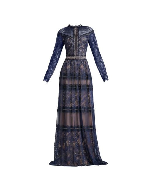 Tadashi Shoji Blue Debore Lace-Detail Tiered Gown