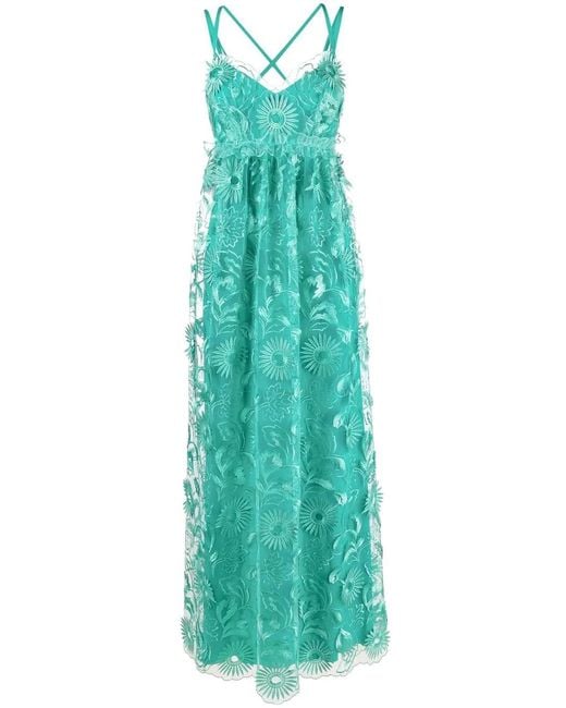 Alberta Ferretti Green Embroidered Tulle Maxi Dress