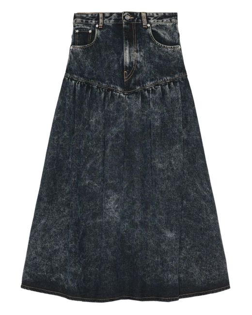 Ganni Black Gathered-Detail Denim Skirt
