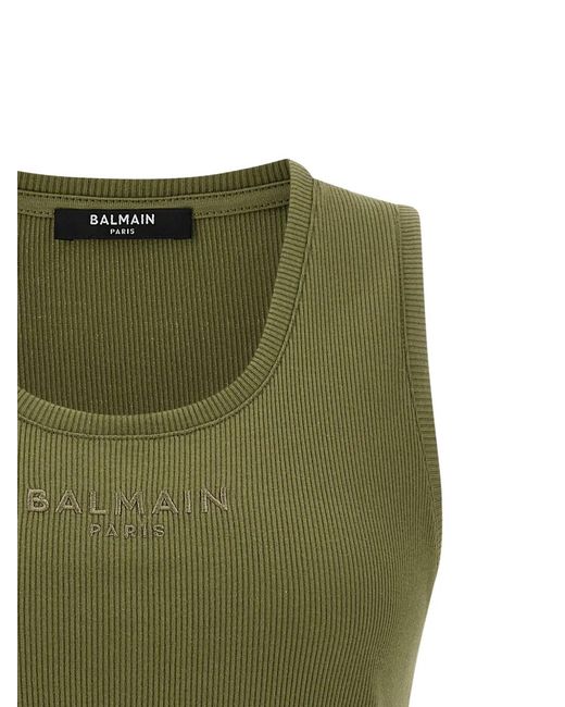 Balmain Green Ribbed Logo-Embroidery Tank Top