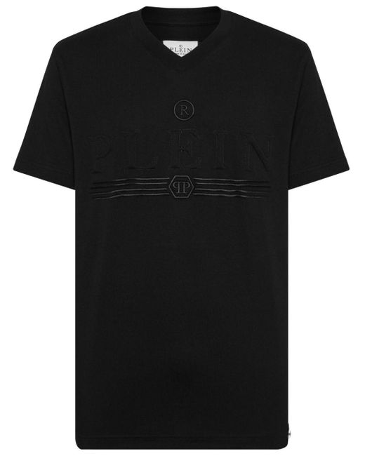 Philipp Plein Black Logo-print V-neck Cotton T-shirt for men