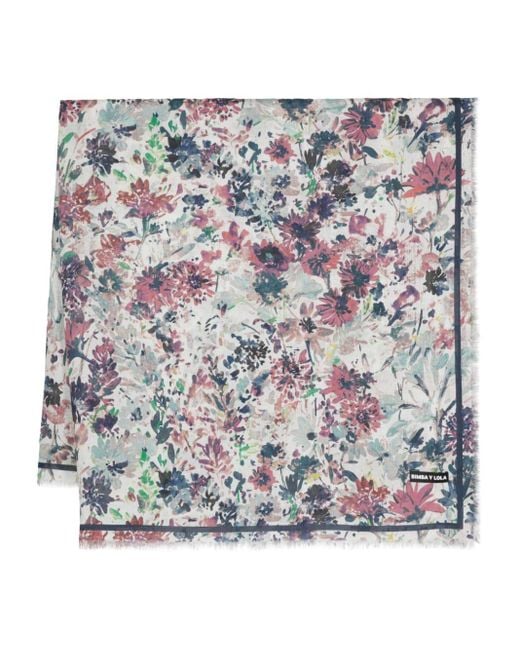 Bimba Y Lola Gray Floral-print Frayed Scarf