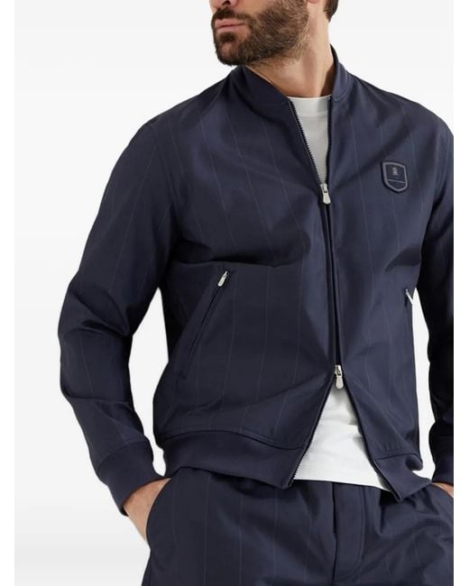Brunello Cucinelli Blue Pinstriped Zip-Up Jacket for men