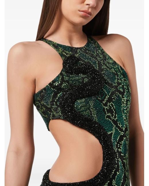 Philipp Plein Green Mini Dress Strass Snake