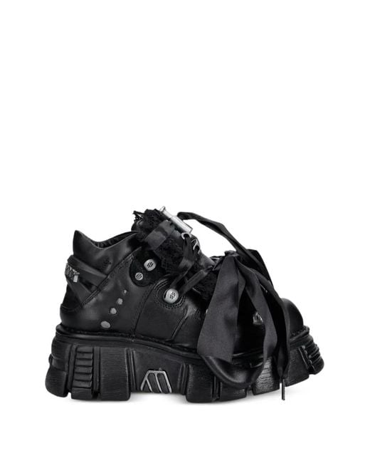 New Rock Black Metallic Lace-Trim Platform Boots